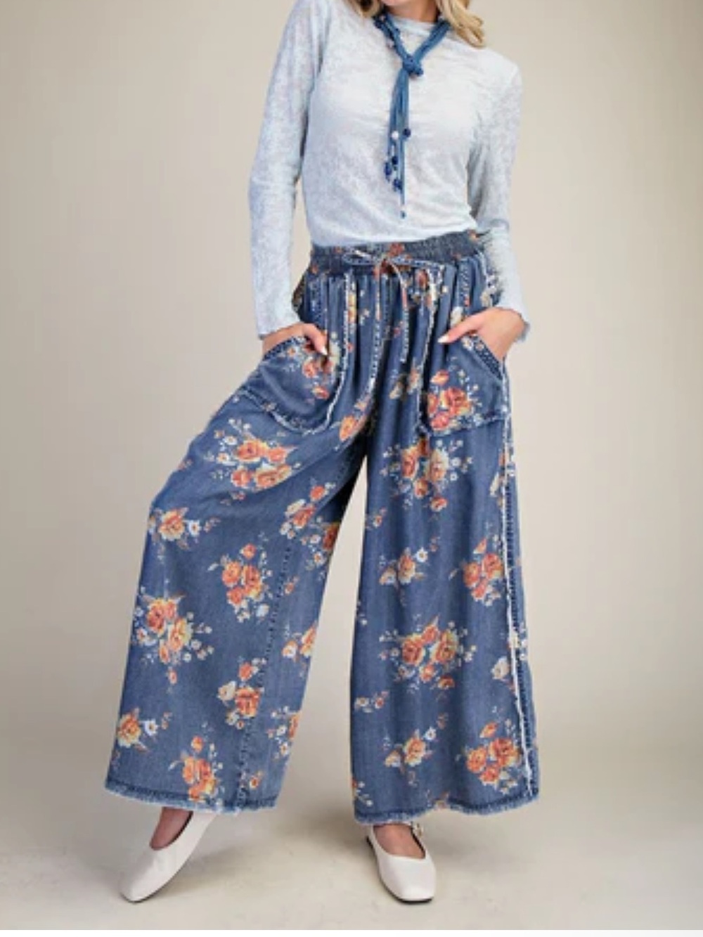 June Adel Blue Floral Wide-Leg Pants